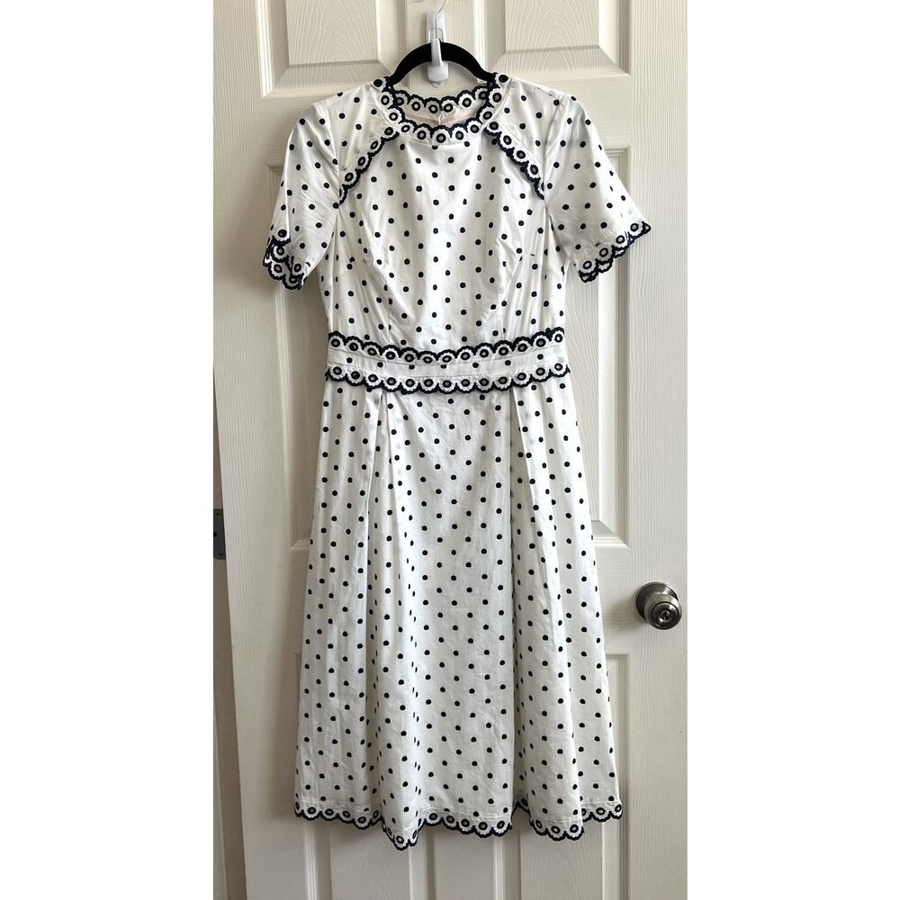 BODEN Kimberly Navy White Polka Dot Embroidered Scallop Trim Midi Dress Sz 6R - Picture 3 of 14